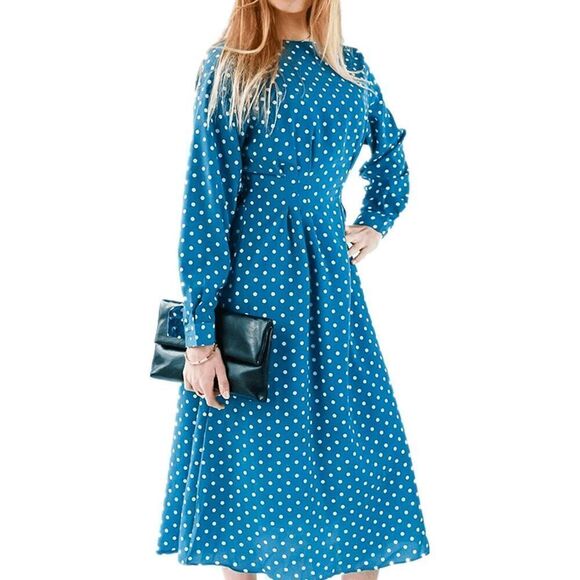 💙 NWT Modest Retro Vintage Polka Dot Long Sleeve Blue Midi Dress SIZE L - Picture 5 of 16